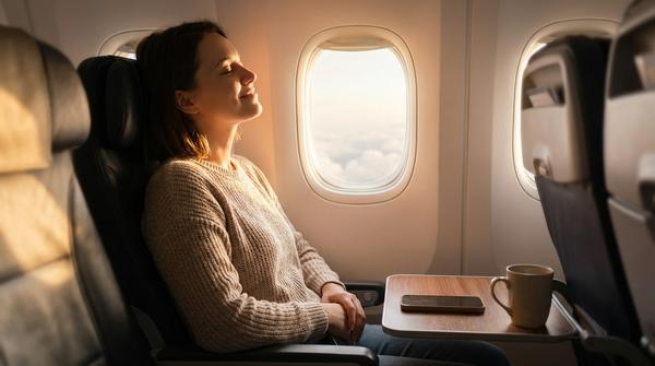 Eine Frau sitzt entspannt mit geschlossenen Augen im Flieger, das Handy liegt umgedreht auf dem Schoß.