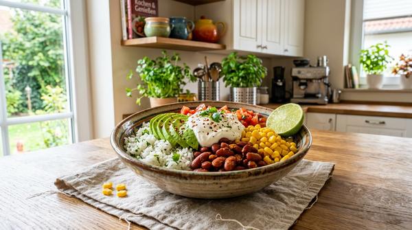 Eine bunte Burrito-Bowl mit Reis, Kidneybohnen, Mais, Avocado und saurer Sahne, stressfrei in der Schüssel serviert.
