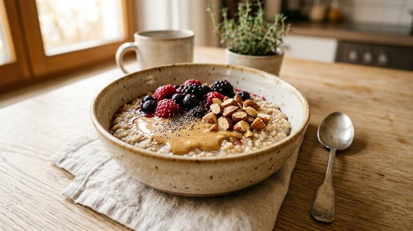 Warme Oatmeal-Bowl mit Beeren, Mandelmus, Chiasamen und gehackten Mandeln