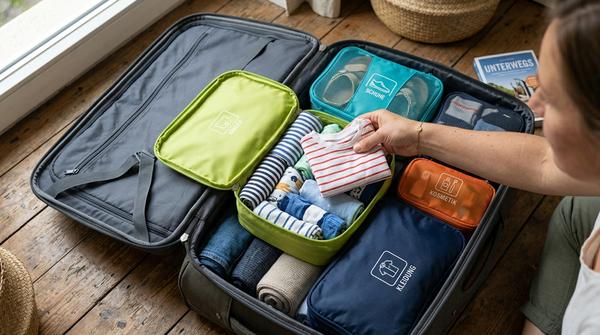 Nahaufnahme eines Koffers, der perfekt mit bunten Packwürfeln und gerollter Kleidung organisiert ist.