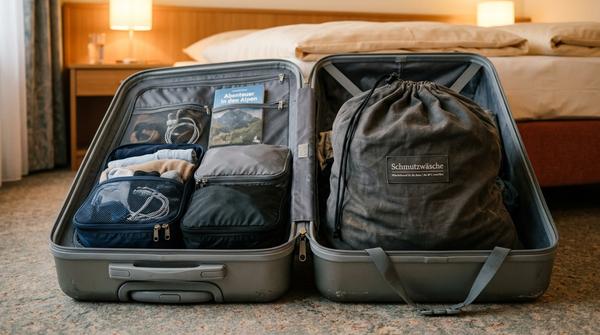 Ein voller, leichter Reise-Wäschesack liegt neben organisierten Packwürfeln in einem Koffer am Urlaubsende.