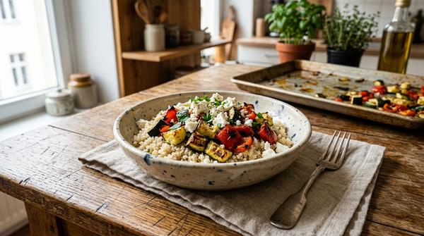 Eine appetitliche Ofengemüse-Bowl mit Quinoa und Feta auf einem rustikalen Holztisch, zubereitet nach dem Baukasten-Prinzip.
