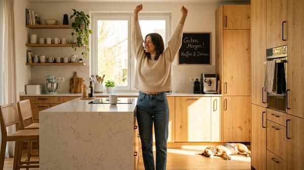 ine Frau in Alltagskleidung streckt sich entspannt und glücklich in ihrer modernen Küche.