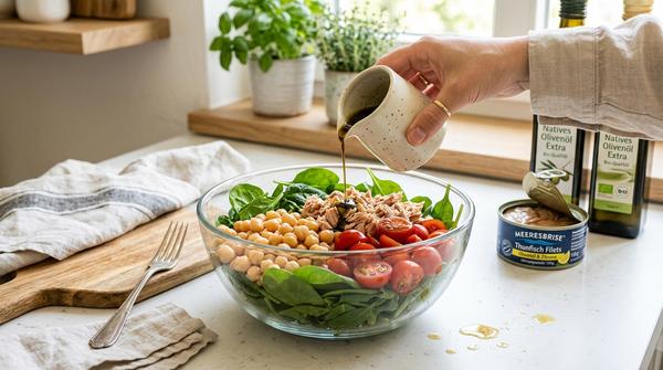 Eine frische 10-Minuten-Kichererbsen-Thunfisch-Bowl mit Spinat und Tomaten, schnell zubereitet ohne Kochen.