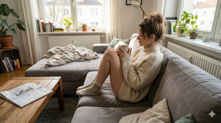 Eine junge Frau entspannt in gemütlicher Kleidung mit einer Tasse auf dem Sofa und praktiziert Selfcare ohne Druck im Alltag.