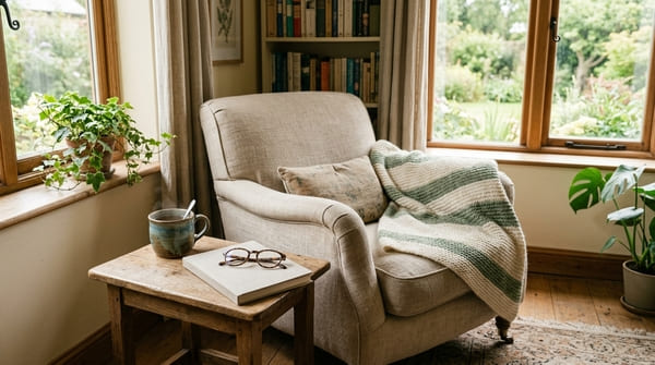 Gemütliche Ecke am Fenster mit Decke, Tee und kleinem Tisch als Ruhe-Insel für Selfcare im Alltag