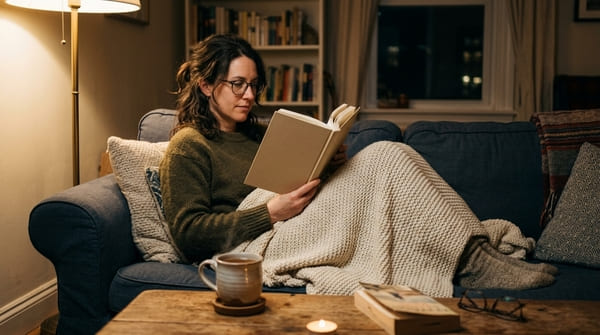 Frau sitzt mit Decke auf dem Sofa und liest ein Buch, auf dem Tisch steht eine Tasse Tee
