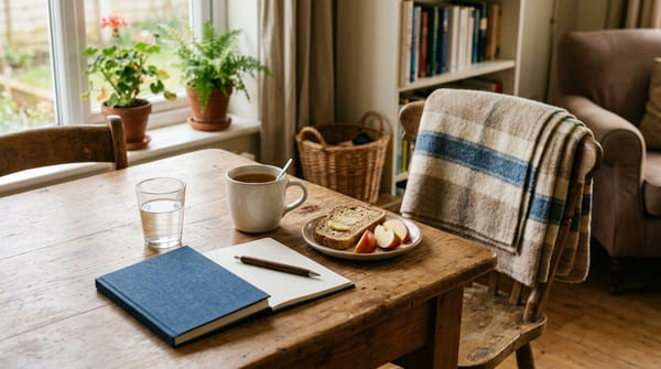 Einfache Alltagsgegenstände wie Wasser, Snack, Decke und Tasse als Symbol für günstige Selfcare zuhause