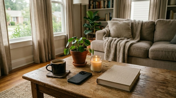 Wohnzimmer mit Couchtisch, Handy, Kerze, Pflanze und Kaffeetasse als Symbol für weniger Vergleichsdruck im Alltag
