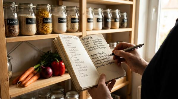 Nahaufnahme einer Person in einer organisierten Speisekammer, die Vorräte in beschrifteten Gläsern überprüft und einen Wochenmenüplan sowie eine Einkaufsliste in einem Notizbuch schreibt.