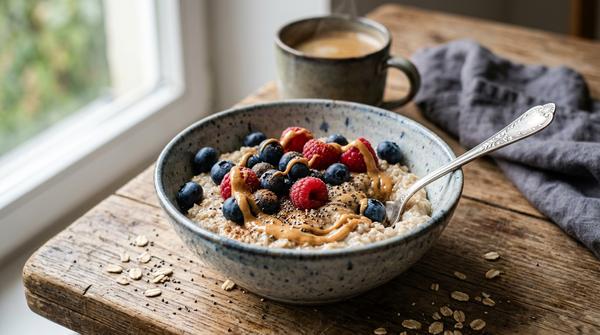 Eine gemütliche, süße Oatmeal-Bowl (Haferbrei) mit Beeren, Erdnussmus und Chiasamen auf einem Holztisch.
