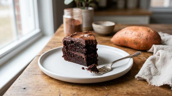 Ein saftiges Stück dunkler Schokokuchen auf einem weißen Teller, gesüßt mit Süßkartoffel, daneben eine rohe Süßkartoffel.