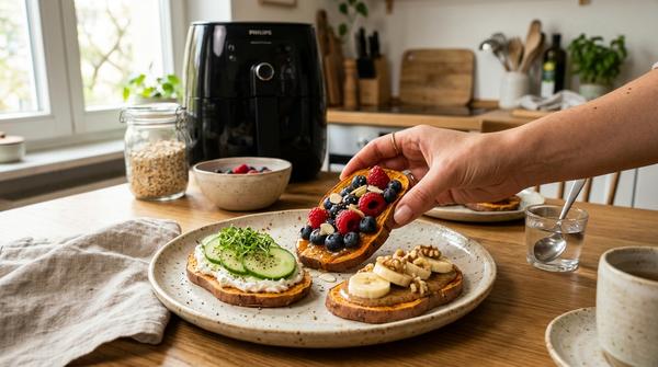 Knusprige Süßkartoffel-Toasts aus der Heißluftfritteuse mit Frischkäse und Beeren auf einem Keramikteller.