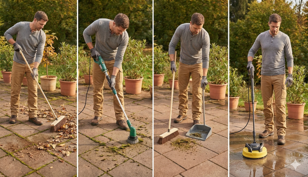 Vierteilige visuelle Collage, die ohne Text darstellt, wie man eine Terrasse trocken abfegt, Unkraut mit einer Fugenbürste entfernt und anschließend mit Hochdruck reinigt, mit realistischer Moosdarstellung.