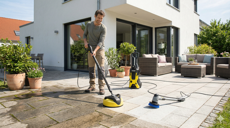 Person reinigt lächelnd eine moderne Steinterrasse mit einem Hochdruckreiniger und Flächenreiniger-Aufsatz, klarer Vorher-Nachher-Effekt.