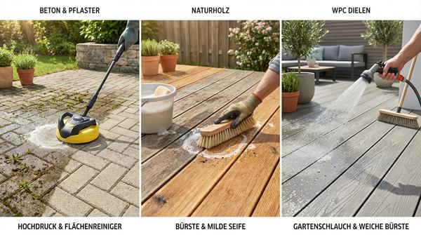 Collage, die visuell darstellt, wie man Beton & Pflaster, Naturholz und WPC-Dielen jeweils mit Hochdruckreiniger, weicher Bürste und Gartenschlauch reinigt.