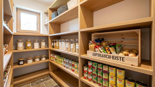 Ein Blick in eine perfekt organisierte Vorratskammer mit Holzregalen, gefüllt mit beschrifteten Vorratsgläsern (Reis, Nudeln, Mehl) und ordentlich gestapelten Konserven. Eine gut gefüllte, mit 'AUFBRAUCH-KISTE' beschriftete Kiste steht gut sichtbar auf einem mittleren Regal, während andere Regalböden bewusst luftig gehalten sind.