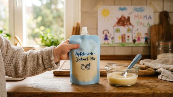 Ein Kinderhändchen hält einen wiederverwendbaren Silikon-Quetschbeutel gefüllt mit gesunder Apfelmark-Joghurt-Mischung.