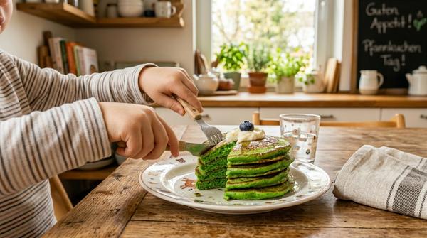 Ein Stapel grüner "Zauber-Pancakes" mit Spinat und Banane auf einem Kinderteller in einer gemütlichen Küche.