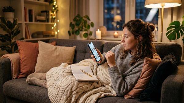 Eine Person liegt abends gemütlich auf dem Sofa und nutzt die 24-Stunden-Regel beim Online-Shopping, um Impulskäufe während der No-Spend Challenge zu vermeiden. Sie notiert Wünsche statt zu kaufen.
