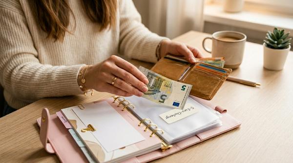 Hände legen einen 5-Euro-Schein in ein Fach eines Budget Binders mit der Aufschrift 5-Euro-Challenge.