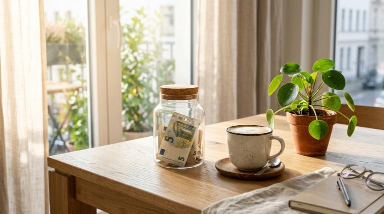 Ein ästhetisches Glas auf einem Holztisch, das mit 5-Euro-Scheinen gefüllt ist, passend zur 5-Euro-Spar-Challenge.
