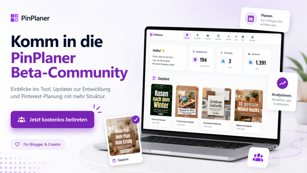 PinPlaner Beta-Community mit Laptop, Pinterest-Planung und Facebook-Gruppe