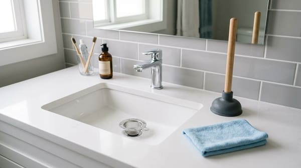Waschbecken mit Abflusssieb, Saugglocke und Reinigungstuch als günstige Alternative zu aggressivem Rohrreiniger
