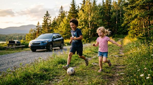 Kinder rennen und spielen Ball während einer Pause am Waldrand