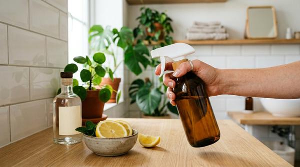 Eine Hand hält eine Glas-Sprühflasche in einem modernen Badezimmer neben frischen Zitronen.