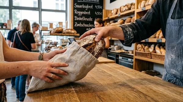 Close-up: Ein Bäcker legt ein frisches Brot direkt in einen geöffneten Leinenbeutel eines Kunden an der Bäckertheke.