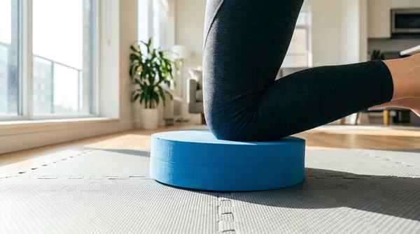 Nahaufnahme eines Kniegelenks einer Person in einem tiefen Ausfallschritt (Lunge), das sanft und geräuschlos auf einem dicken Schaumstoff Balance Pad landet.