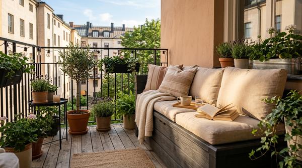 Eine wetterfeste Aufbewahrungsbox auf einem kleinen Balkon, die gleichzeitig als gemütliche Sitzbank mit hellen Kissen genutzt wird.