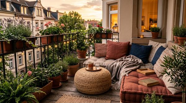 equeme Bodenkissen und ein geflochtener Outdoor-Pouf bilden eine gemütliche und flexible Sitzgelegenheit auf einem Balkon.