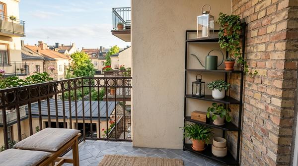 Ein hohes, minimalistisches Eckregal aus Metall auf einem Balkon, ansprechend dekoriert mit Pflanzen und einer Gießkanne.