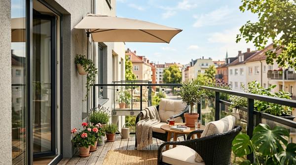 Ein halber Sonnenschirm, der platzsparend direkt an der Hauswand eines Balkons steht und gemütlich Schatten spendet.