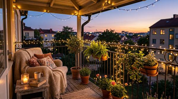Ein kleiner Balkon in der Abenddämmerung, der gemütlich von warmweißen Lichterketten an der Decke und am Geländer beleuchtet wird.