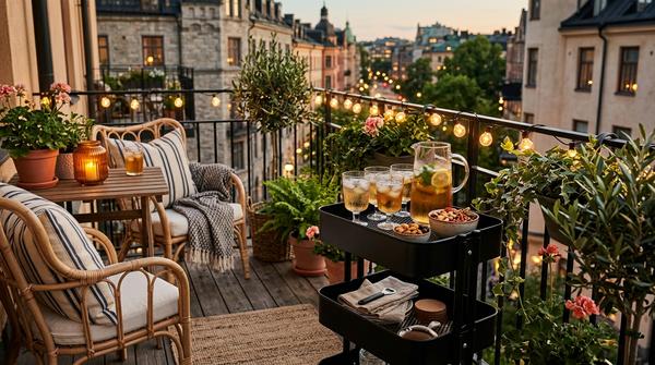 Ein praktischer Servierwagen aus Metall auf einem Balkon, bestückt mit kühlen Getränken und kleinen Snacks.