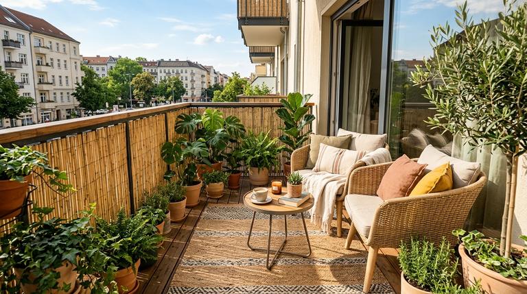 Gemütlicher Balkon in einer Mietwohnung mit natürlichem Sichtschutz und Pflanzen, der Privatsphäre ohne Bohren schafft.