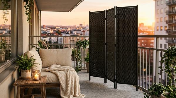Ein gemütlich eingerichteter Balkon während des Sonnenuntergangs. Ein stilvoller, wetterfester Outdoor-Paravent aus Polyrattan mit robustem Metallgestell schafft einen privaten Bereich. Ein bequemer Lounge-Sessel mit Decke steht daneben.