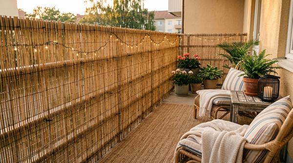 Ein vollständig verwandelter Balkon mit einer lückenlosen Bambus-Sichtschutzmatte über dem gesamten Metallgeländer, einem gemütlichen Lounge-Sessel, Pflanzen und einem Teppich in warmem Nachmittagslicht. Die Befestigung mit diskreten Kabelbindern ist sichtbar.