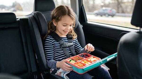 7-jähriges Kind isst gesund aus einer gut sortierten Bento-Box im Auto