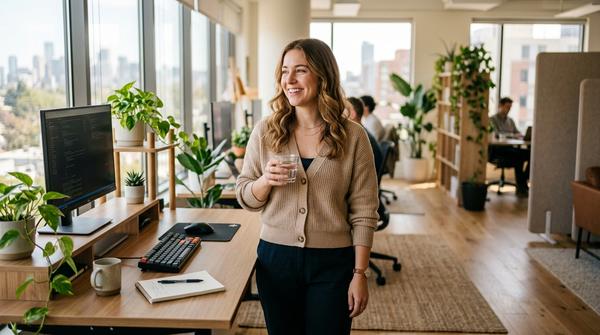 Eine Person steht an ihrem modernen Schreibtisch und macht eine kurze Trinkpause, um Bewegung in den Büroalltag zu bringen.