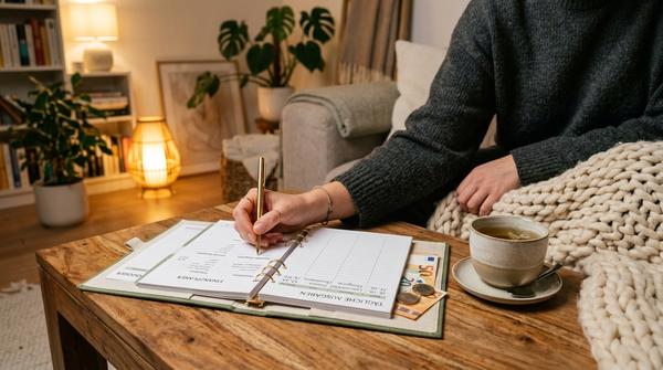 Gemütliche abendliche Budget-Routine mit einer Tasse Tee, einem Budget Binder und einer Hand, die auf einem Papier-Tracker etwas notiert.