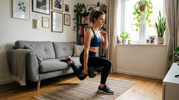 Person macht konzentriert Bulgarian Split Squats mit einer Kurzhantel und nutzt das heimische Sofa als Ablage für den hinteren Fuß.