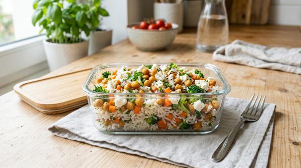 Frischer, bunter Reissalat mit Kichererbsen, knackigem Gemüse und Feta in einer Meal-Prep-Box für die Mittagspause.