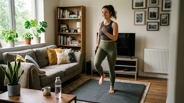 Person macht leises Low-Impact-Cardio auf einer Matte im Wohnzimmer ohne zu hüpfen