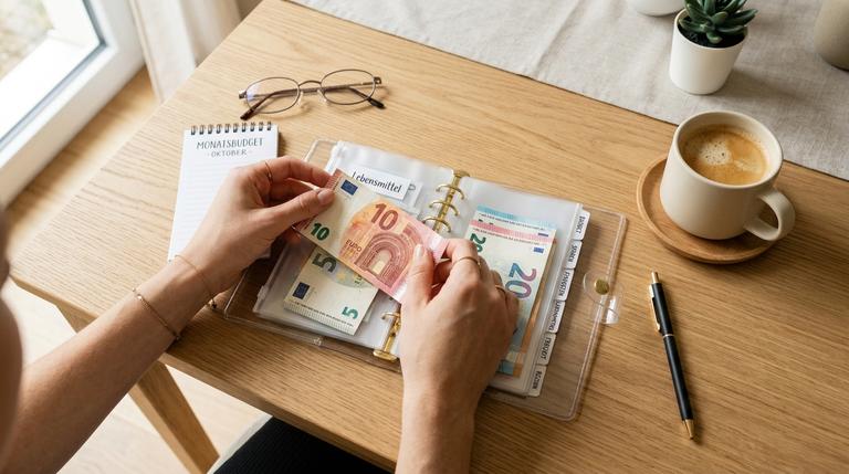 Frauenhände sortieren Euro-Scheine in einen modernen A6 Budget Binder auf einem Holztisch, passend zur Cash Stuffing Umschlagmethode.