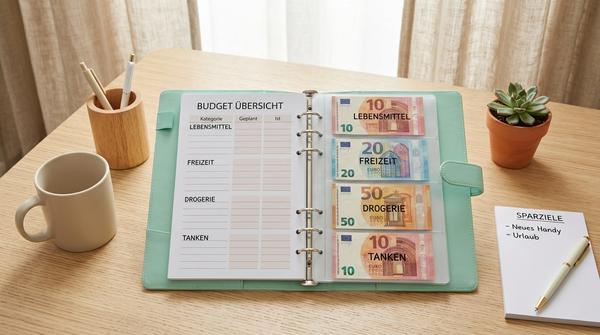 Geöffneter, mint-grüner Budget Binder mit unbeschrifteter Budget-Übersicht, Geldscheinen in Klarsichthüllen und Schreibtisch-Organisern.