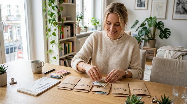 Eine junge Frau teilt an einem modernen Tisch ihr variables Budget in Euro-Scheinen auf Umschläge mit der Aufschrift Lebensmittel, Drogerie, Sparen, Tanken und Freizeit auf. Daneben liegt eine Notiz mit Fixkosten.